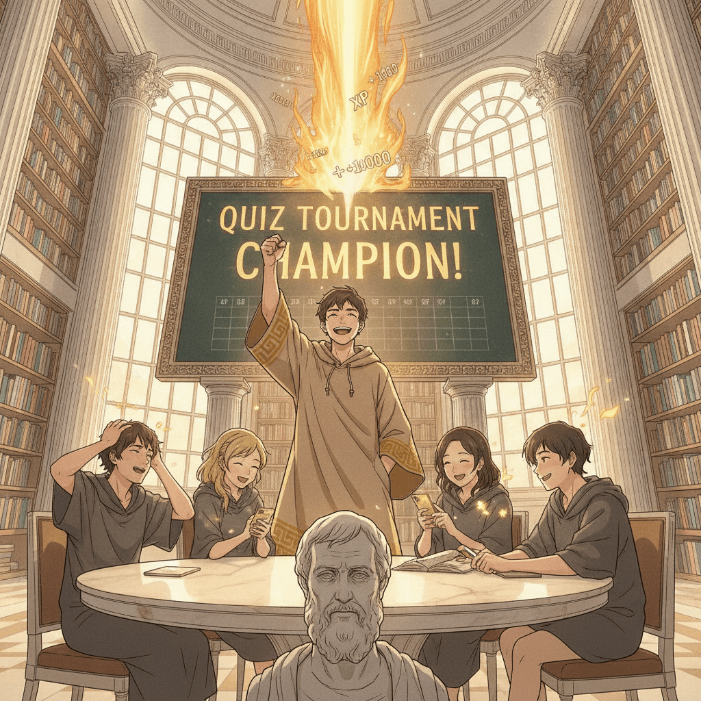 Classmates competing in a quiz tournament with XP and a golden streak on a marble scoreboard