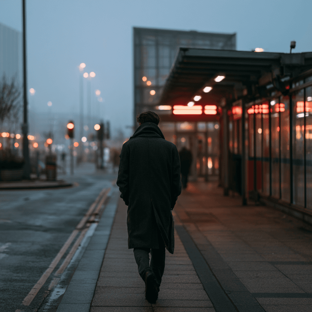 Man walking to the train station in the morning with daylight on his face, phone in his pocket