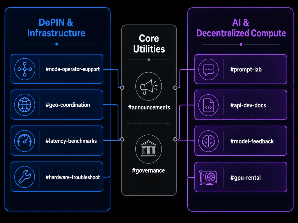 Comparison chart showing specialized Discord channel ideas for DePIN infrastructure and AI compute projects to support technical adoption.