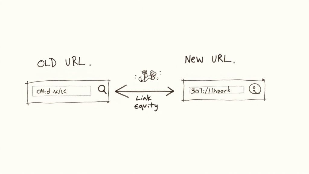 Diagram showing an old URL redirecting to a new URL, illustrating the transfer of link equity.