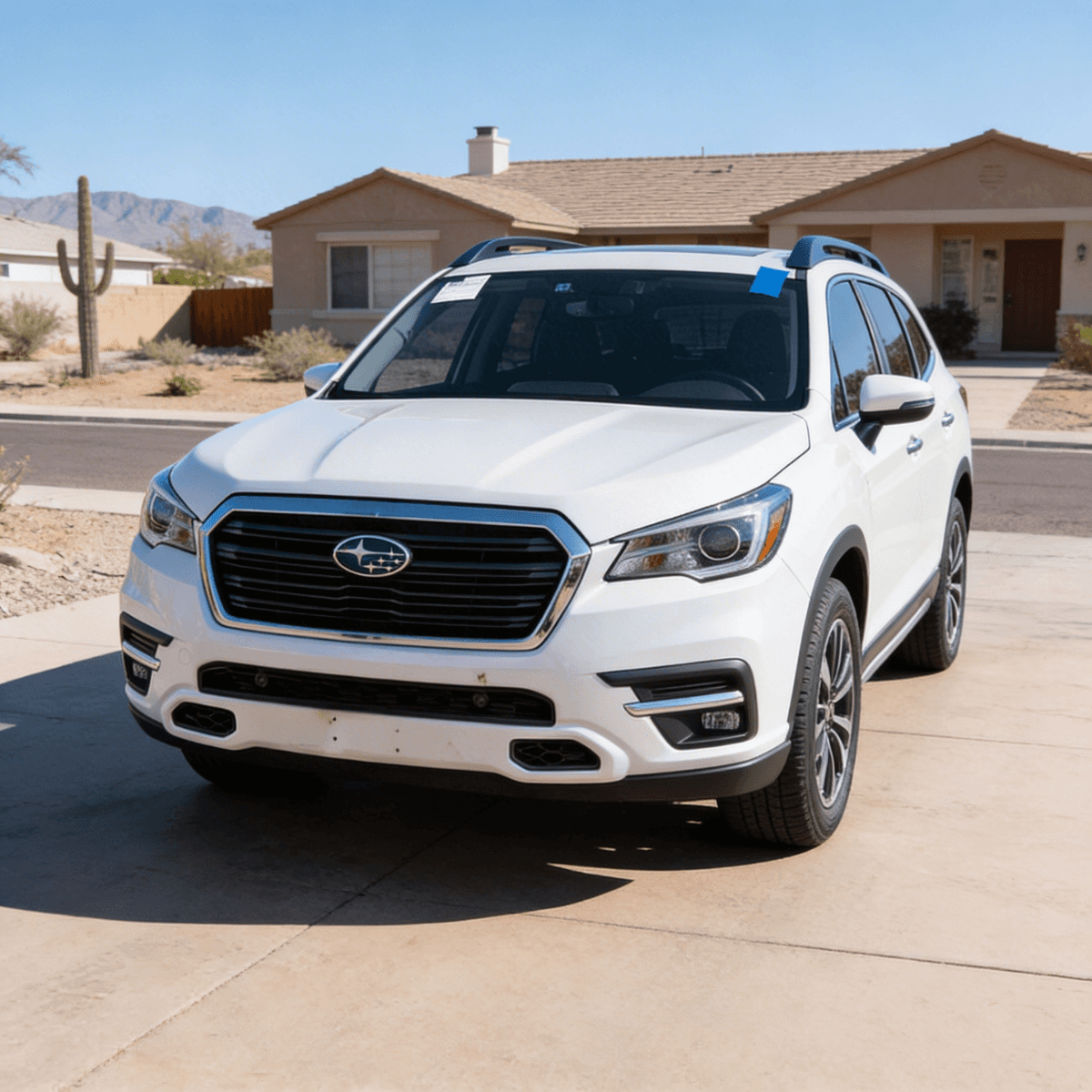 Bang AutoGlass‑serviced white Subaru SUV parked in a Phoenix driveway after a completed front windshield replacement.