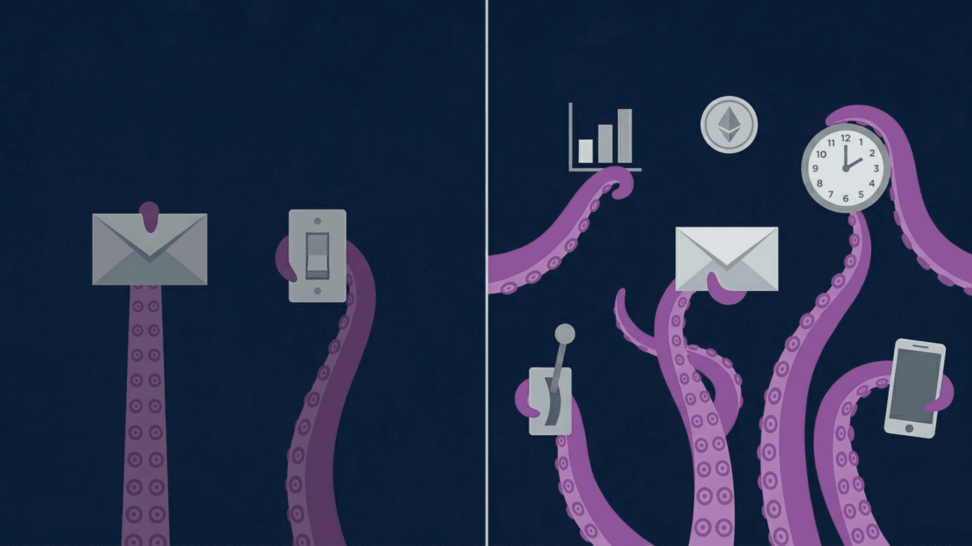 Split illustration comparing A/B testing and multi-armed bandit testing. Left side shows two sparse purple tentacles each holding a single object — an envelope and a toggle switch. Right side shows six active tentacles reaching in every direction, each gripping a different object including a bar chart, clock, phone, coin, envelope, and lever.