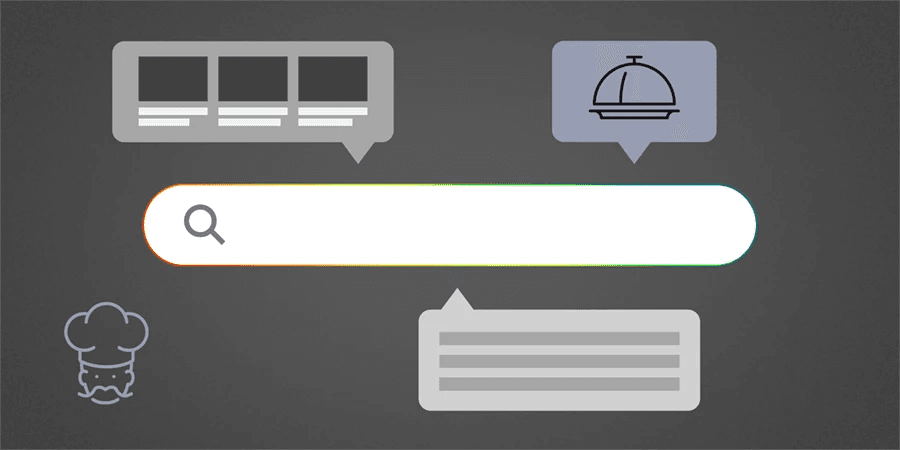 A search bar with icons around it, including a chef, a serving dish, and SERP features.