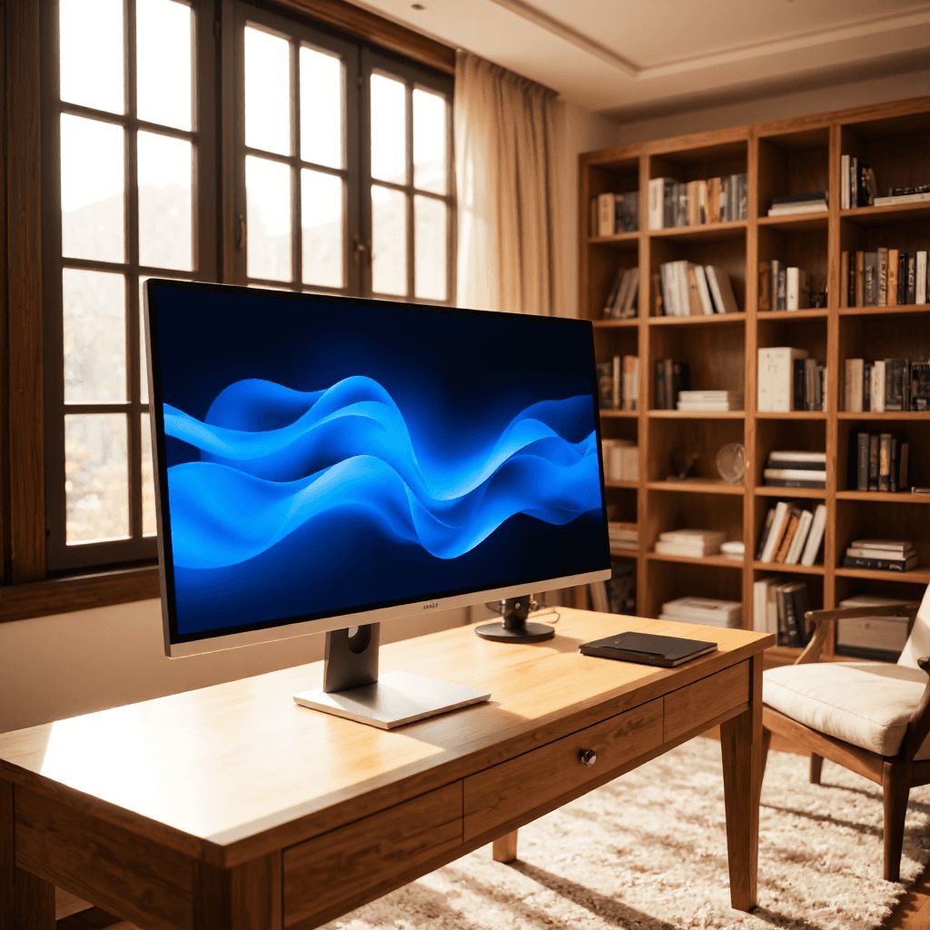 product photography of a desktop computer with an all-in-one design, featuring a large display and integrated speakers