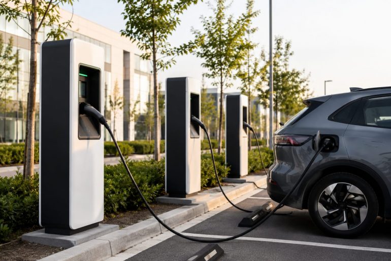 Véhicule électrique en charge sur sa borne