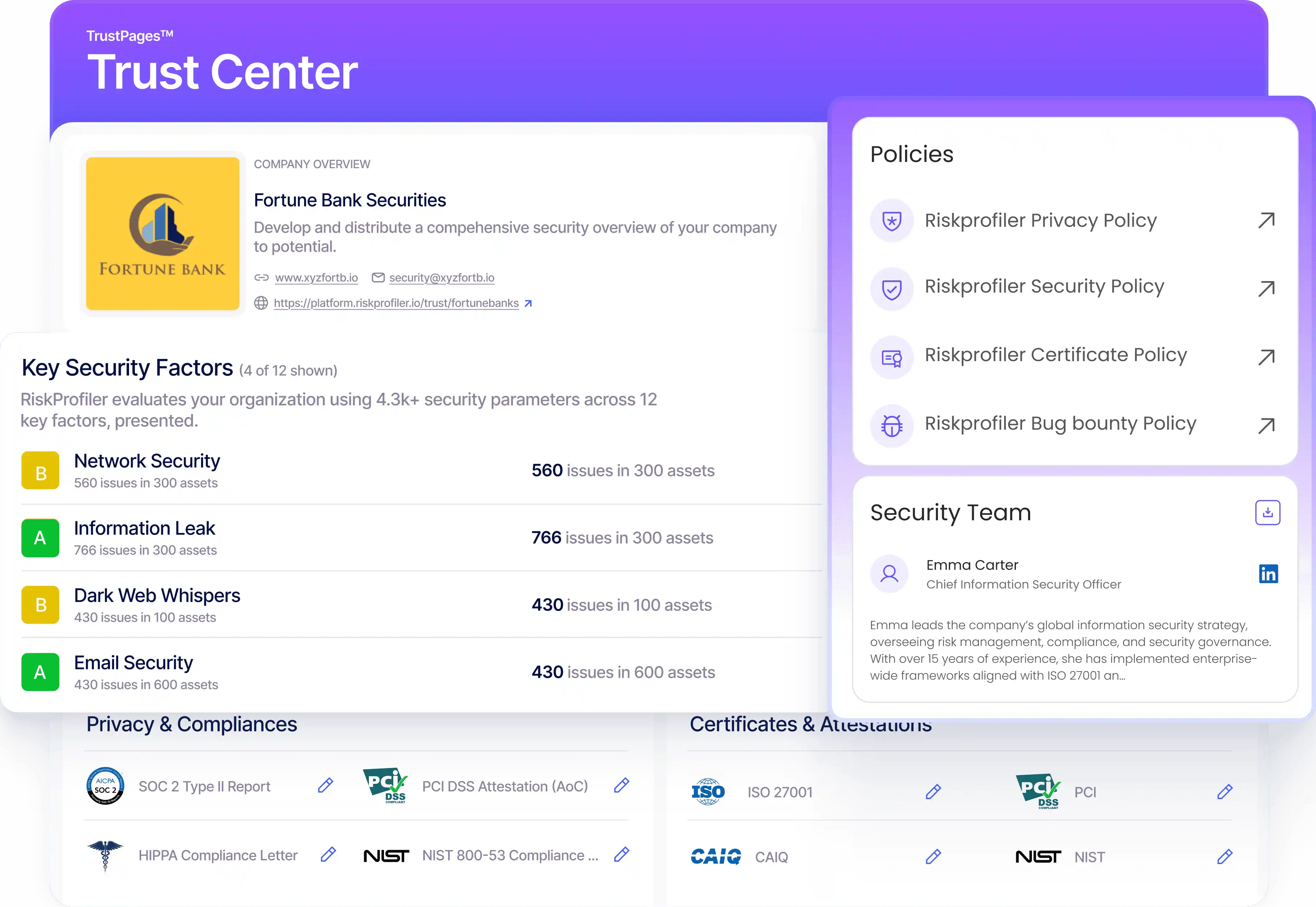 RiskProfiler Trust Center showing security policies, compliance and certifications