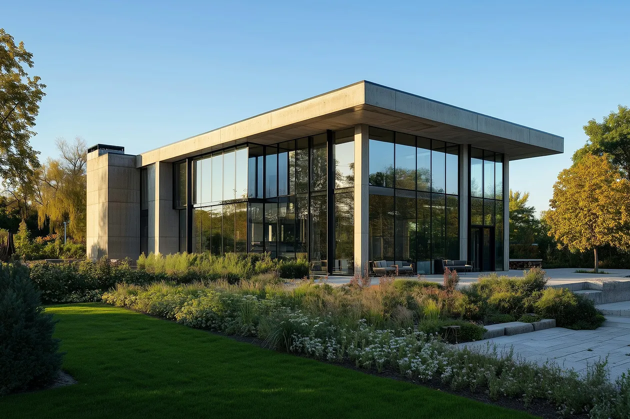 Modern glass house with concrete element in a landscaped garden.