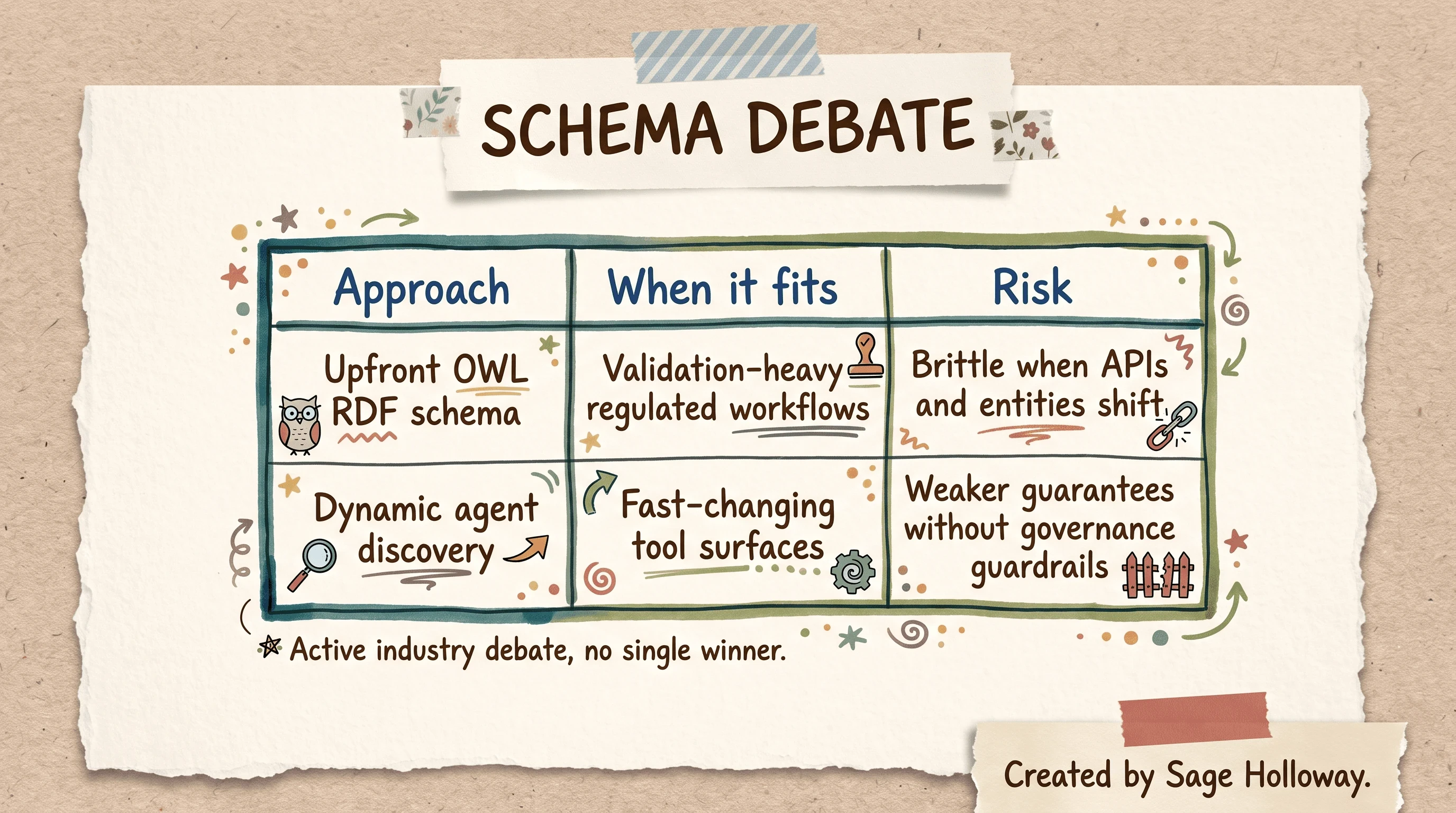 Table comparing upfront ontology schema design with dynamic agent-discovered ontologies