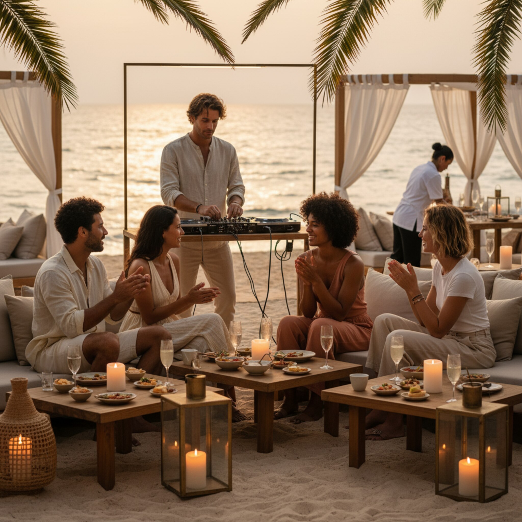 Goldene Stunde am Strand: Laternen werfen warmes Licht auf niedrige Tische, ein DJ bereitet sein Set vor. Gäste nehmen an Cabanas Platz, teilen Tapas und lachen. Das Meer rauscht sanft, Kerzen flackern im Wind. Alles strahlt die Vorfreude auf einen besonderen Abend aus, entspannt und stilvoll.