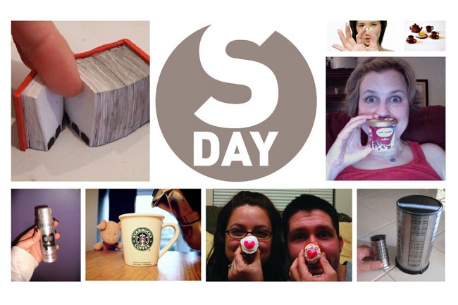 A collage of images includes a large "S" logo in the center, surrounded by various photos: a stack of cards held by a hand, a woman with cream in her mouth, a woman with red lipstick, a Starbucks mug, a man and woman holding donuts, a hand holding a black cylindrical object, and a stainless steel canister.