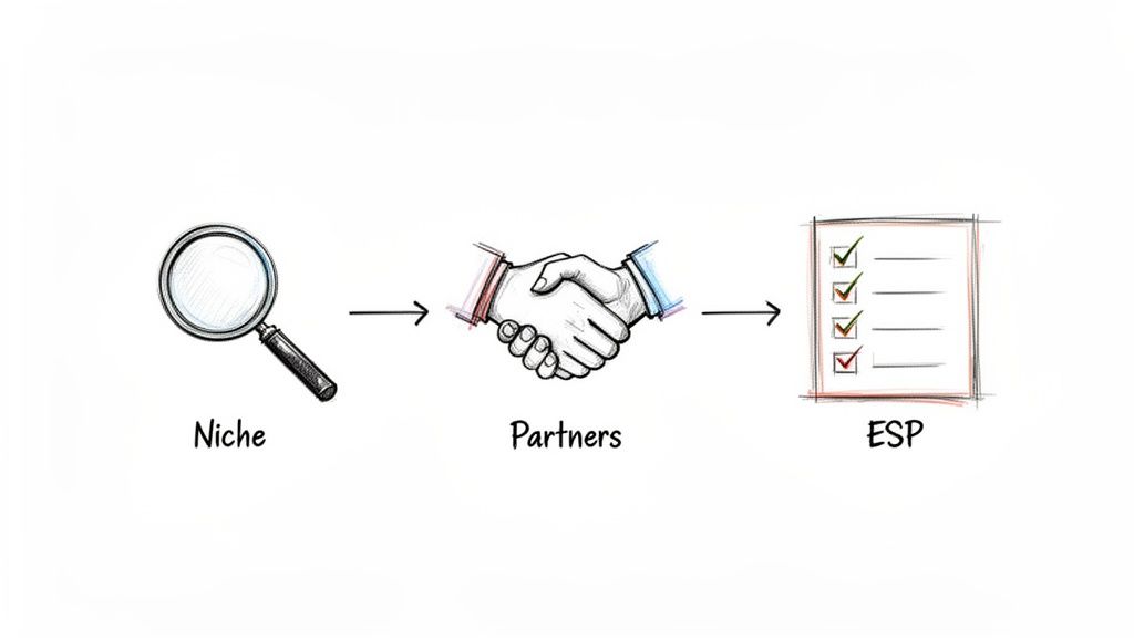 A diagram showing a magnifying glass labeled 'Niche', leading to a handshake labeled 'Partners', then to a checklist labeled 'ESP'.