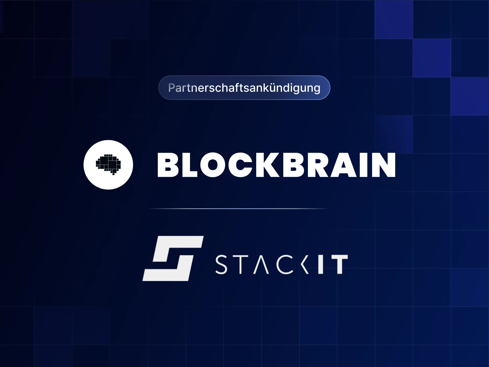 Blockbrain and STACKIT partnership announcement graphic on dark blue background, featuring Blockbrain brain logo above STACKIT logo, highlighting new collaboration on sovereign enterprise AI cloud infrastructure.