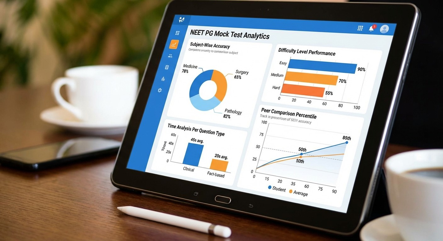 NEET PG Score Analysis Dashboard showing subject-wise performance and peer comparison