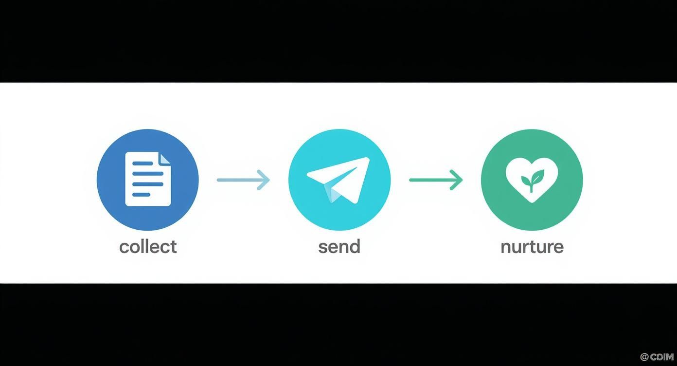 Infographic showing the three steps of email marketing: Collect, Send, and Nurture.