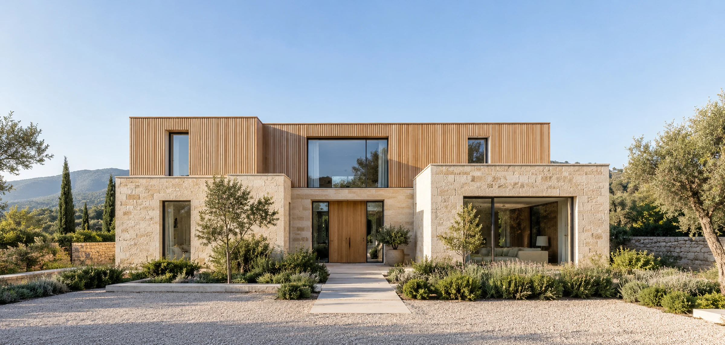 Modern stone and timber house with a planted garden under a clear sky
