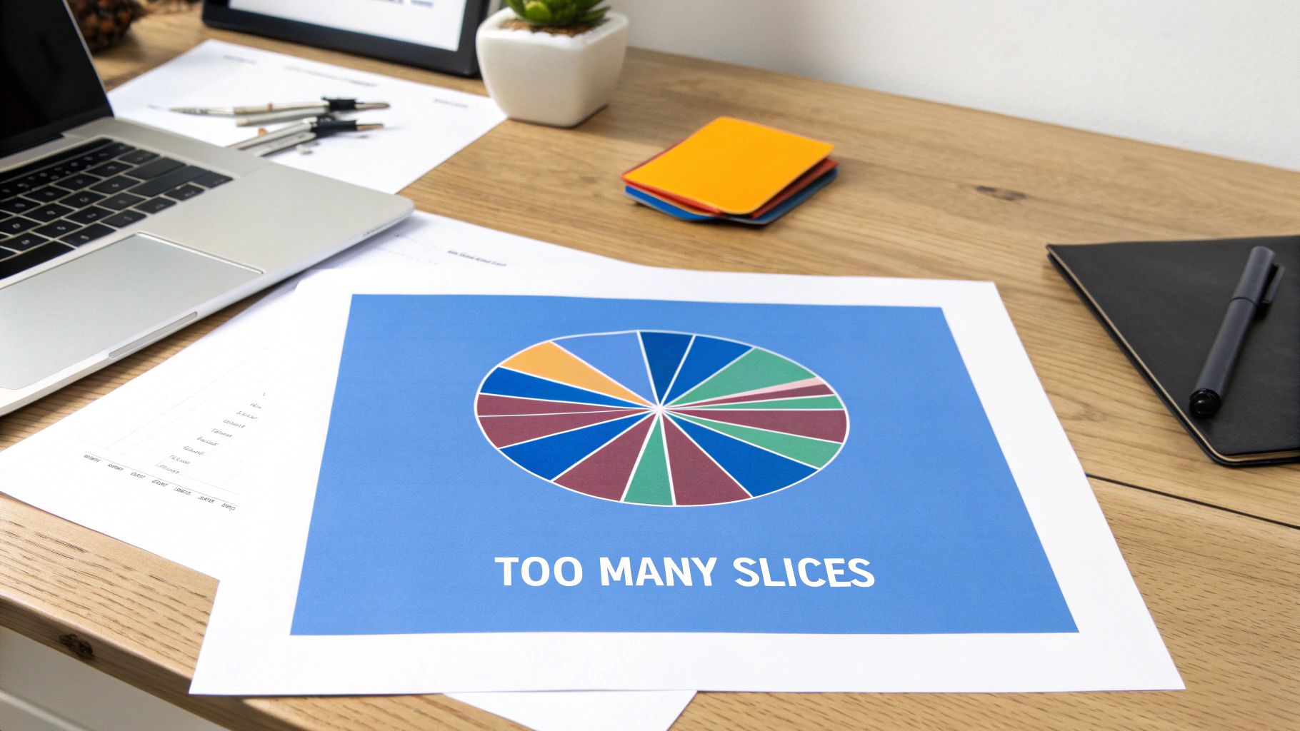A desk with a laptop and a document showing a pie chart labeled 'TOO MANY SLICES'.