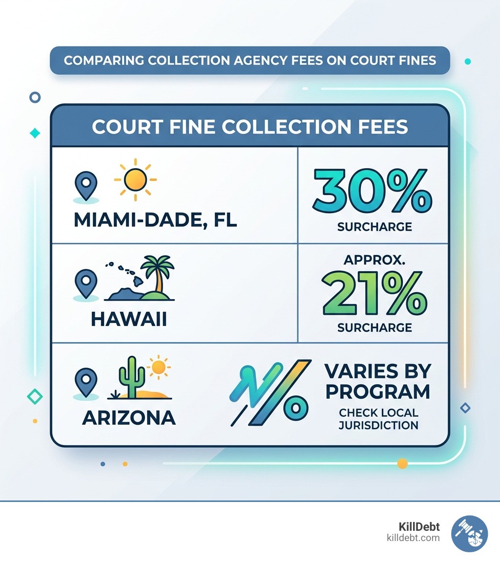 Table comparing collection fees: Miami-Dade 30%, Hawaii 21%, Arizona varies by program - collection agency for court fines
