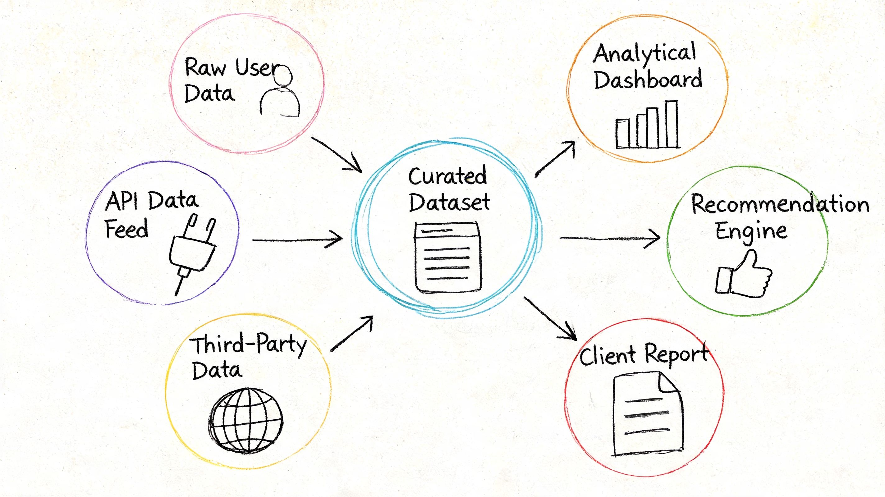 A hand-drawn diagram illustrating how various data sources flow into a centralized curated dataset for distribution.