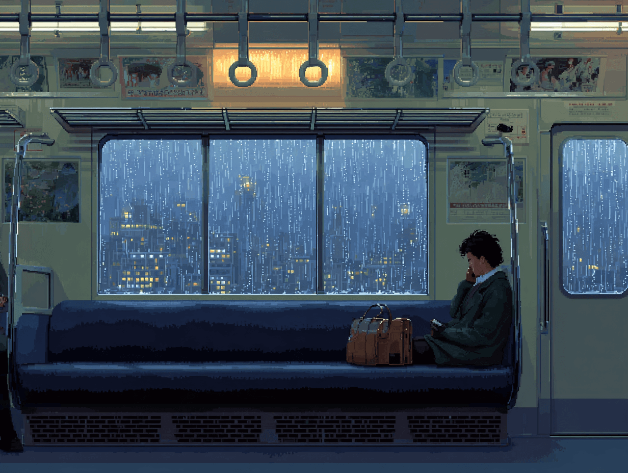 Pixel art of lonely person on phone on the train.