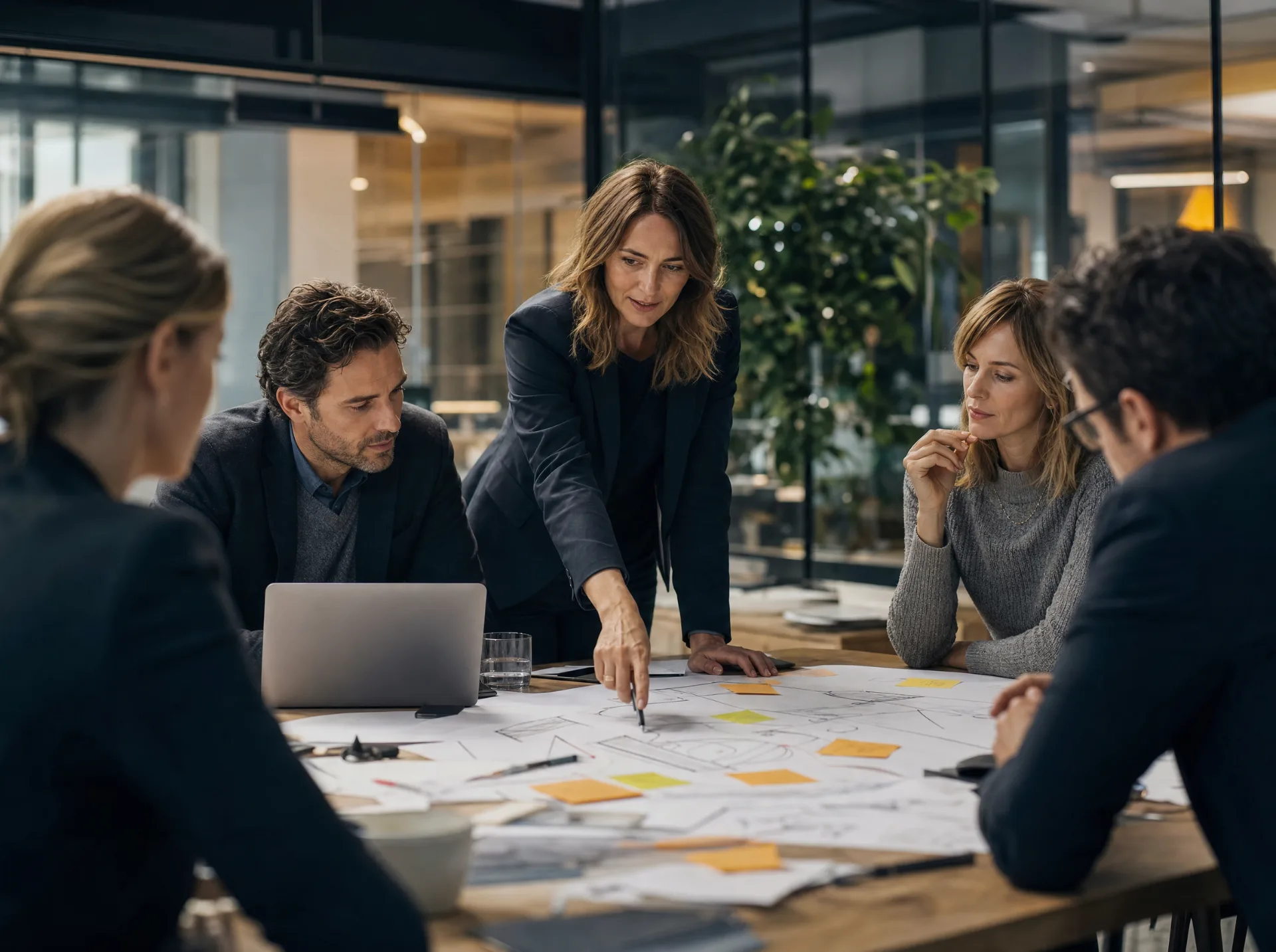Interim-Managerin entwickelt mit ihrem Team neue Ideen (KI-generiert)