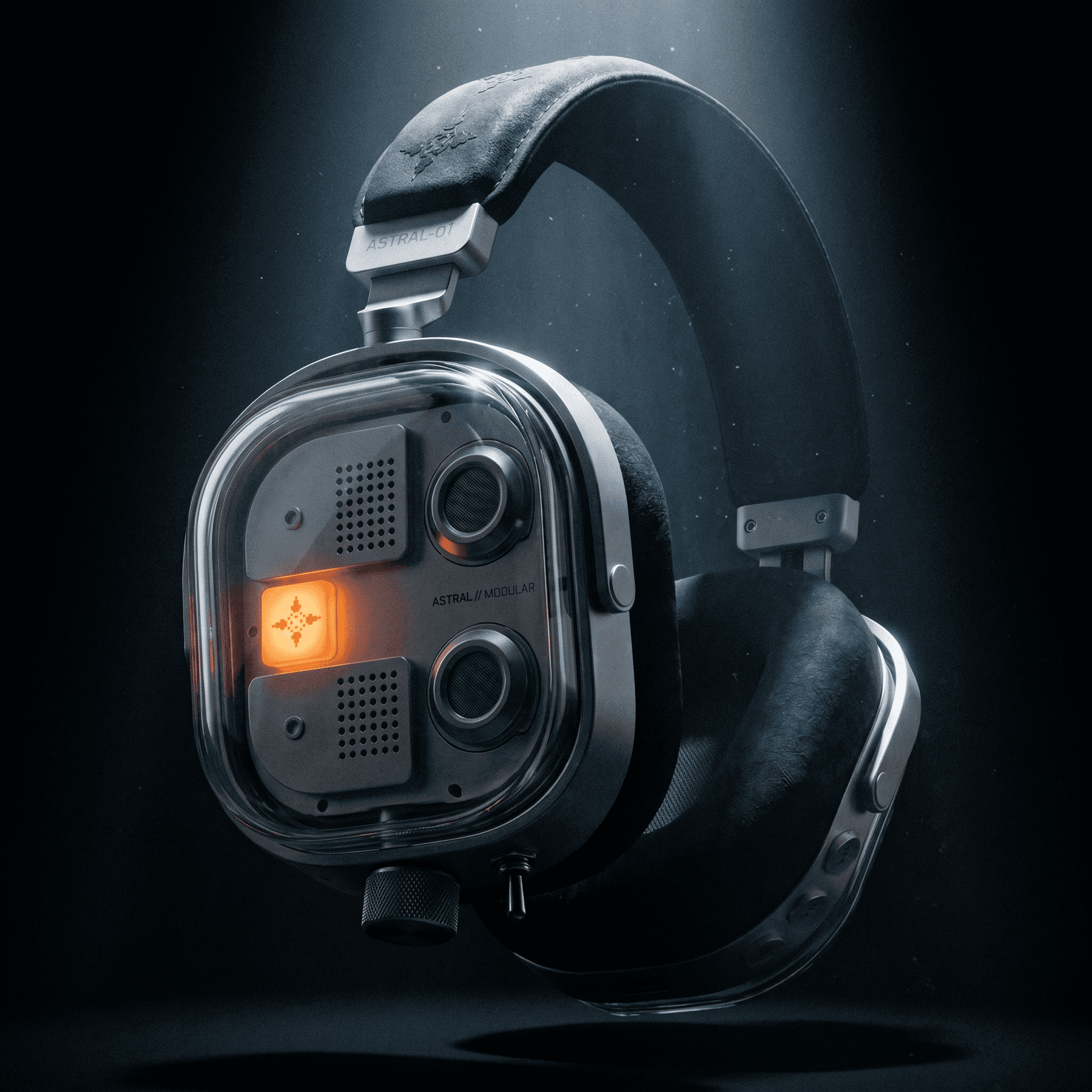 Close-up of futuristic Astral modular headphones with transparent earcups and an illuminated orange emblem.