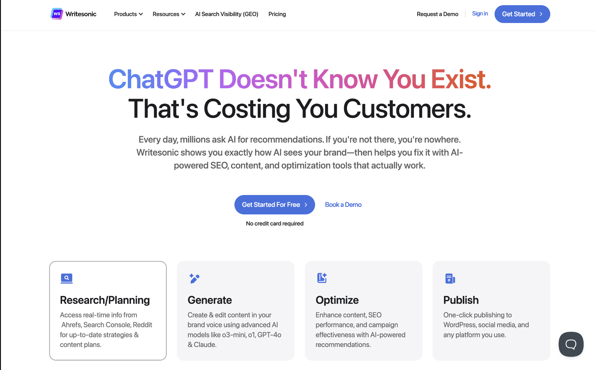 Writesonic homepage, an AI writing tool for individuals and small teams