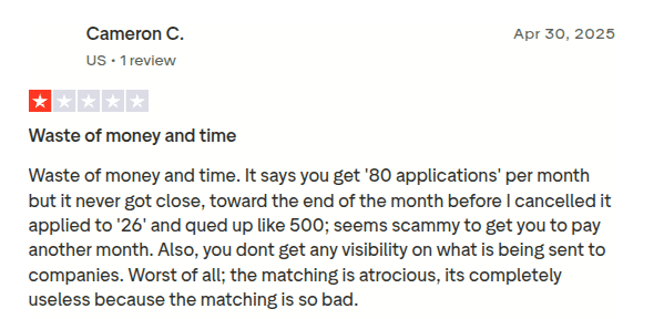 1-star Wobo AI review reporting fewer applications sent than promised