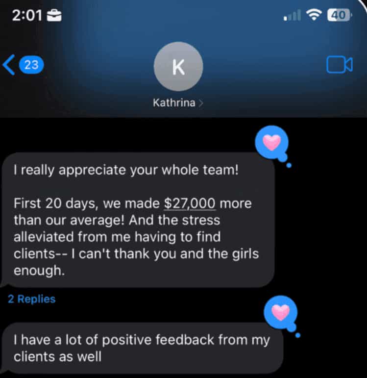Message from a clinic owner reporting $27,000 above average in the first 20 days