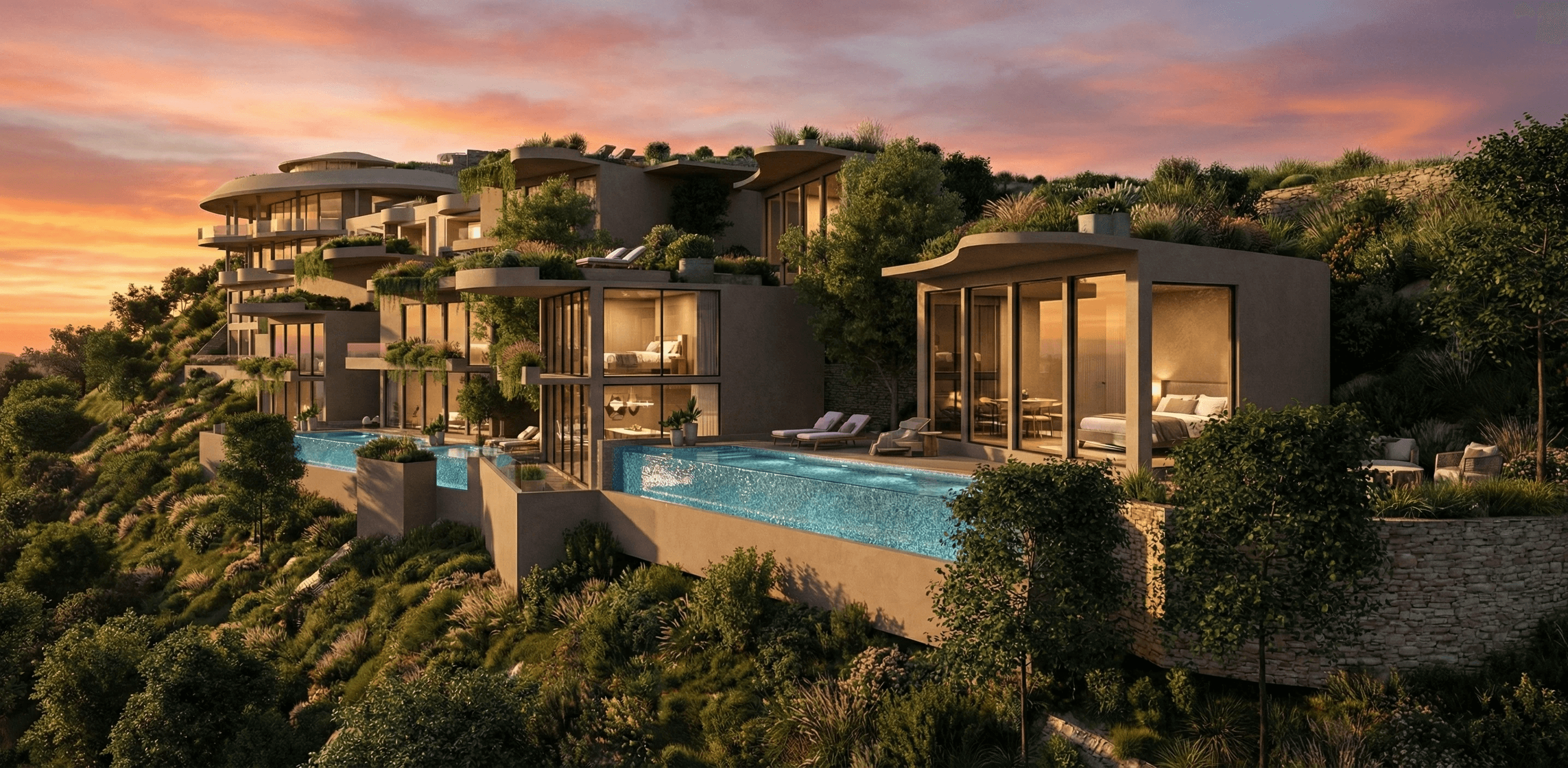 Infinity edge: Multiple levels of infinity pools reflect the vibrant sky, blurring the line between the built environment and the horizon.