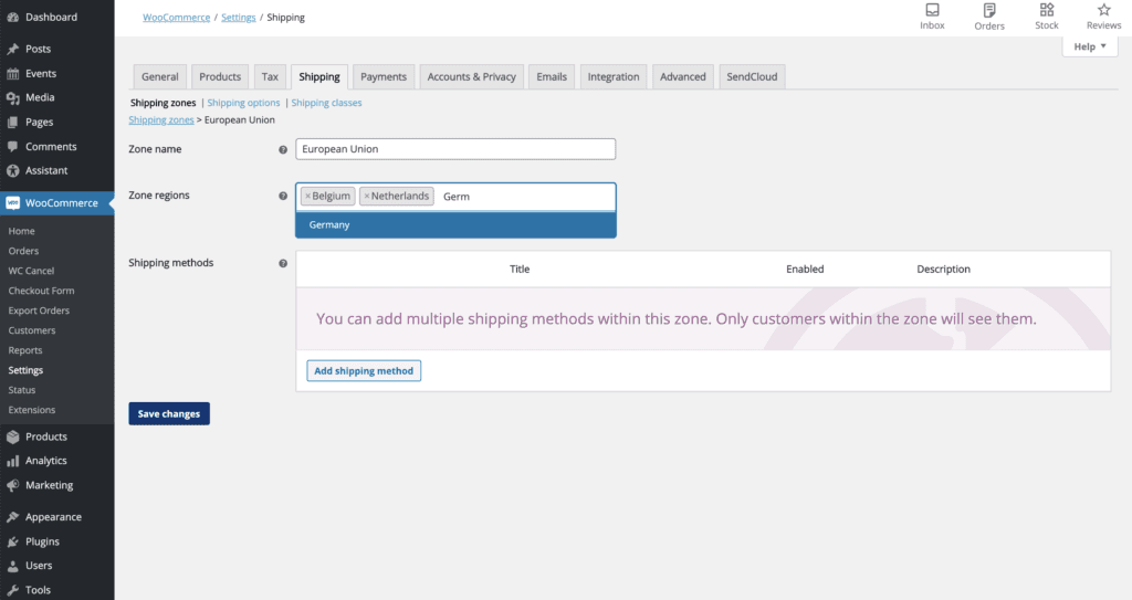 Woocommerce shipping zone regions