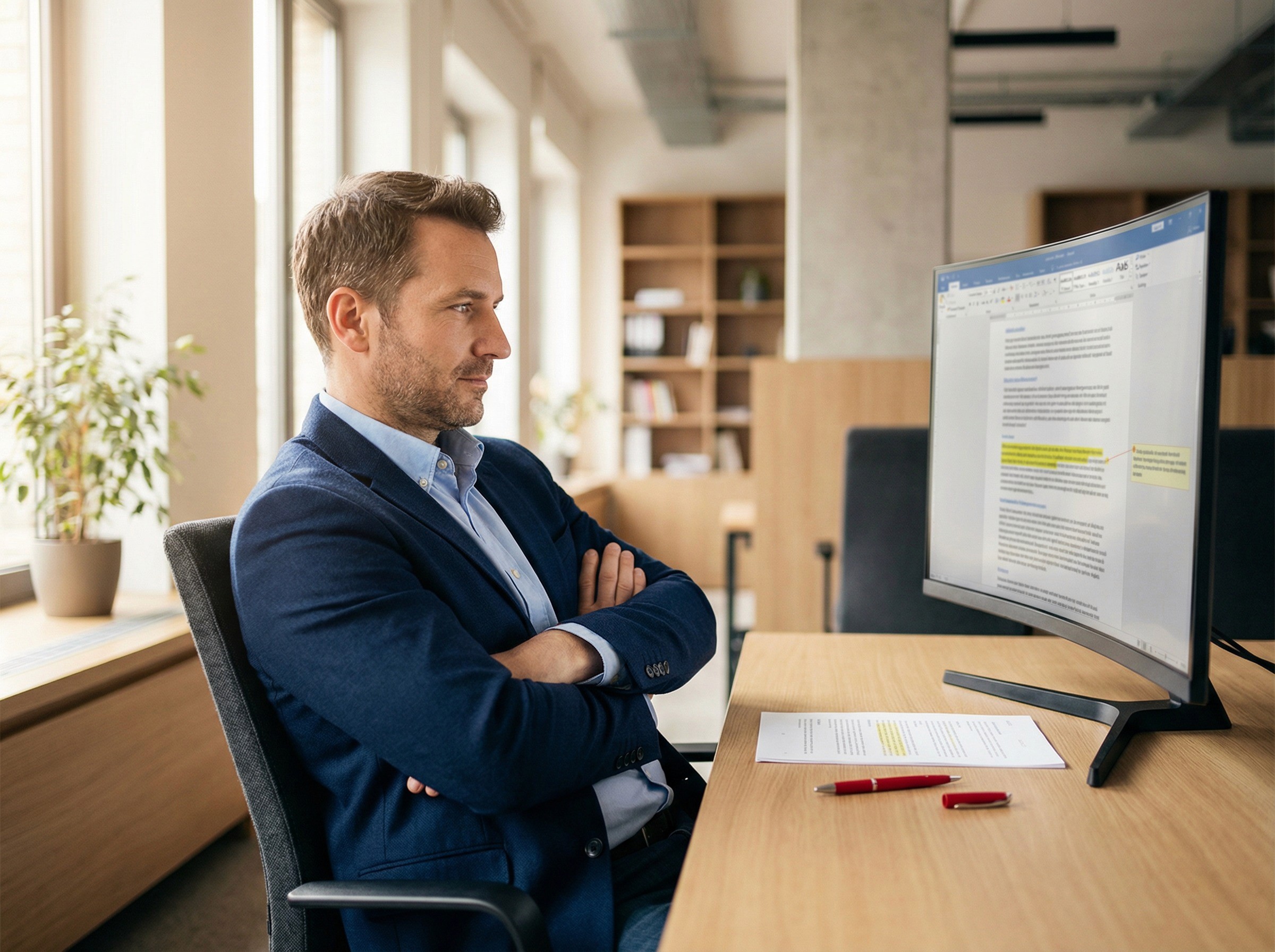 A compliance officer in his early 40s sitting at a tidy desk, leaning back slightly with his arms crossed in a relaxed, evaluative posture, reading a monitor that shows a clean, structured document — paragraphs, headings, and a highlighted section with a marginal note — visible in layout but not legible. His expression is one of critical appraisal: the look of someone reviewing work that someone else produced, deciding what to keep and what to refine