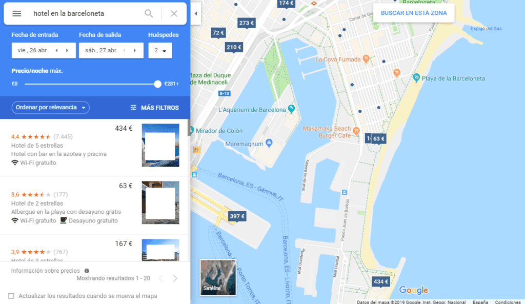 Cómo funciona Google My Business: búsqueda de hoteles en Barcelona