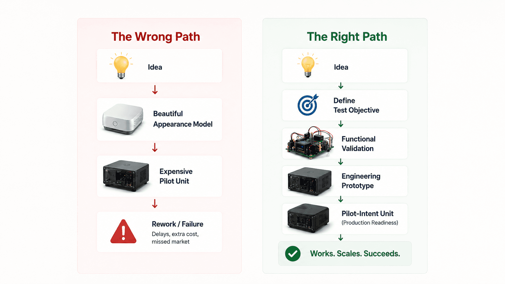 Comparison diagram showing an incorrect prototype development path versus a structured validation-first prototype process.