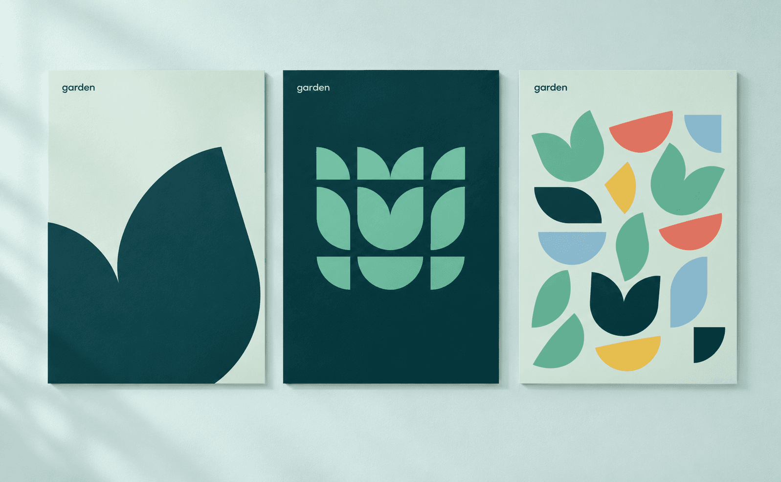 Garden poster mockups with oversized plant symbols, modular geometry and secondary brand colors