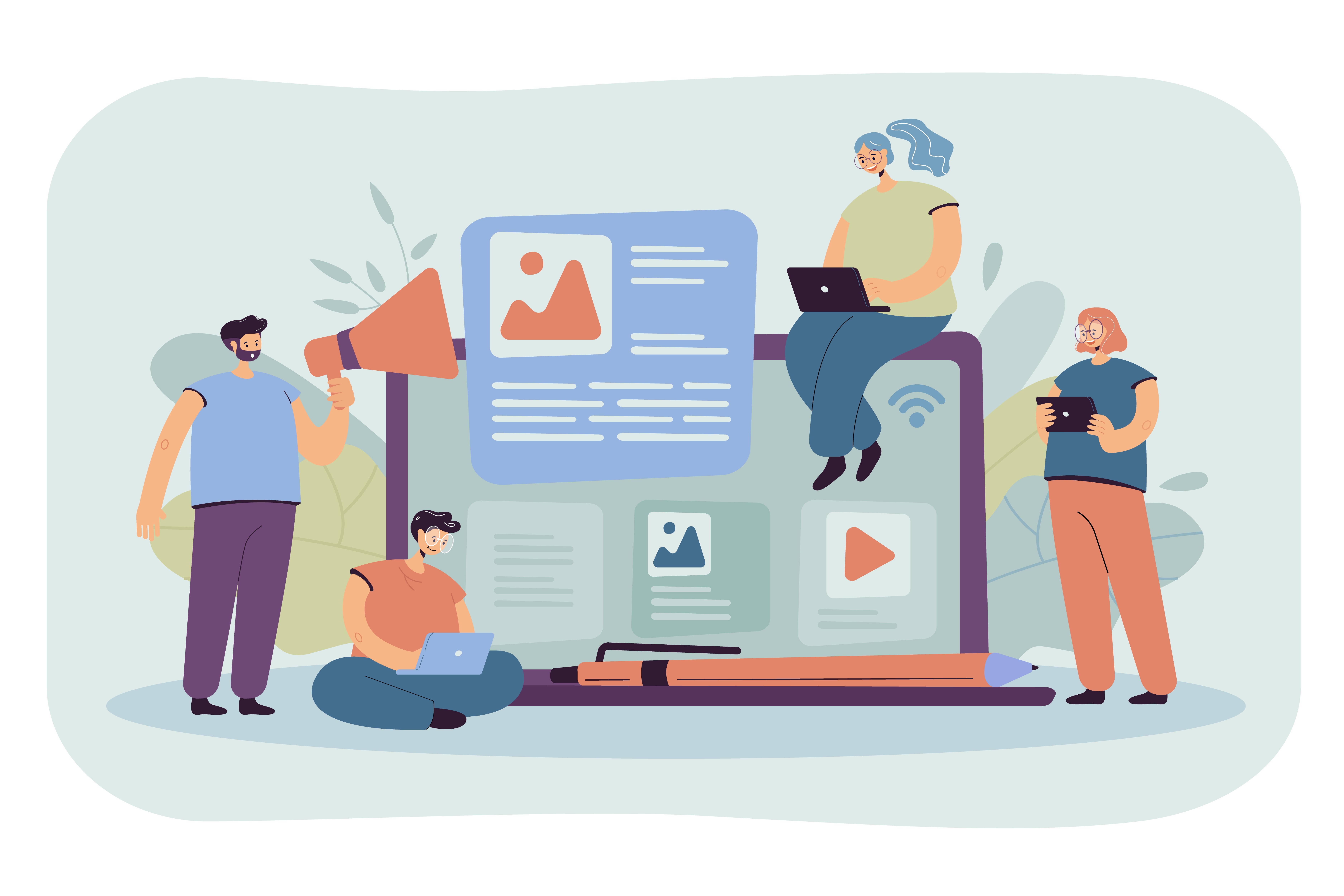 Illustration of bloggers and influencers creating content around a large laptop screen