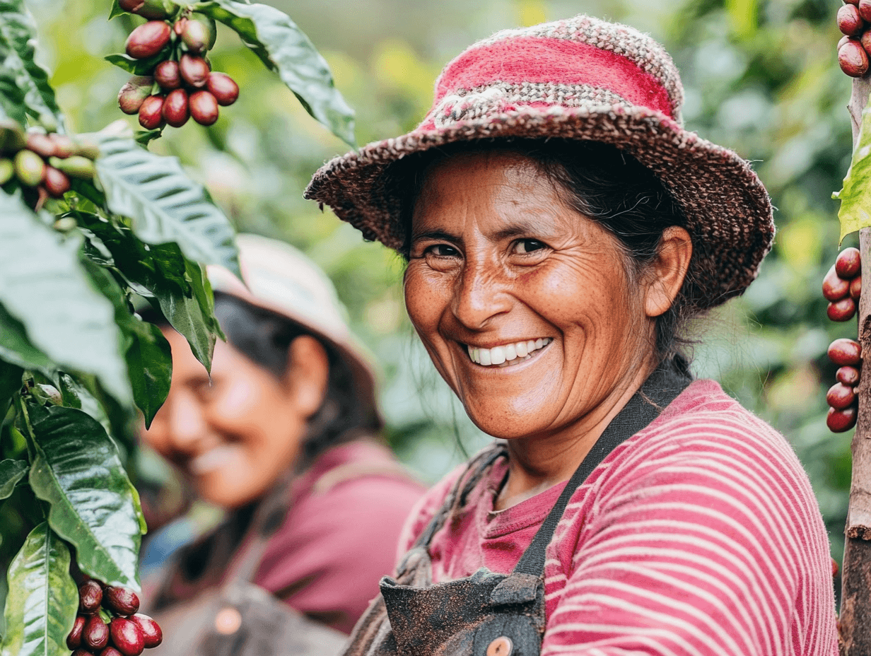 A south american woman working on a coffee plant picking cherries smiling at the camera