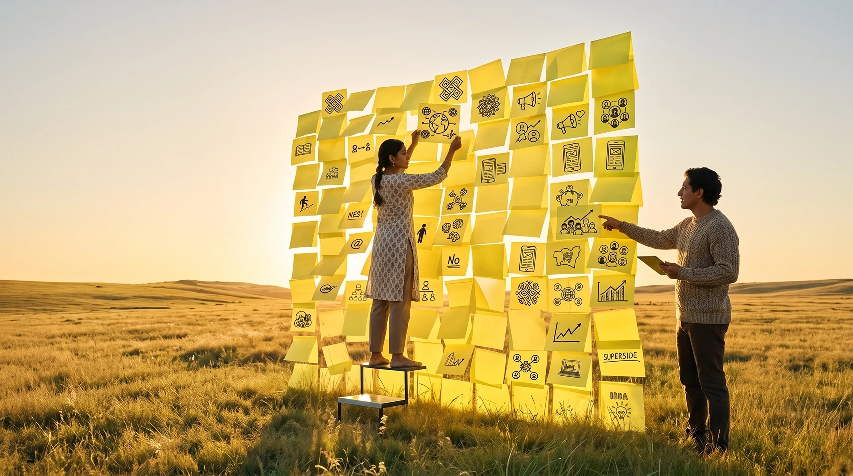 Two marketers building culturally intelligent campaign wall of yellow sticky notes with icons in field at sunset