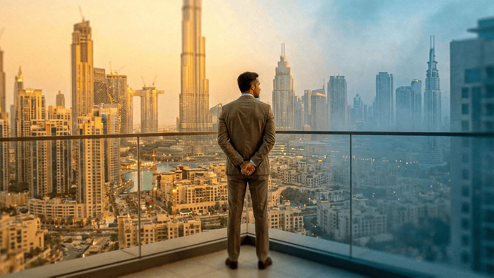 Inversor contemplando el mercado inmobiliario de Dubái desde una vista panorámica del skyline urbano.