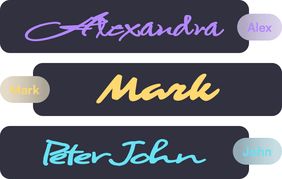 Three digital signatures in dark boxes: "Alexandra" in purple with an "Alex" tag, "Mark" in yellow with a "Mark" tag, and "Peter John" in teal with a "John" tag.