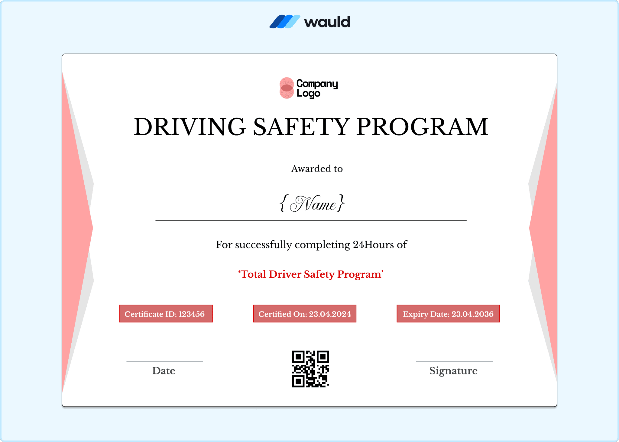 Professional driver's certification template with bold red certification badge, clean white layout, recipient name field, certificate ID, course dates, expiry date, and QR code