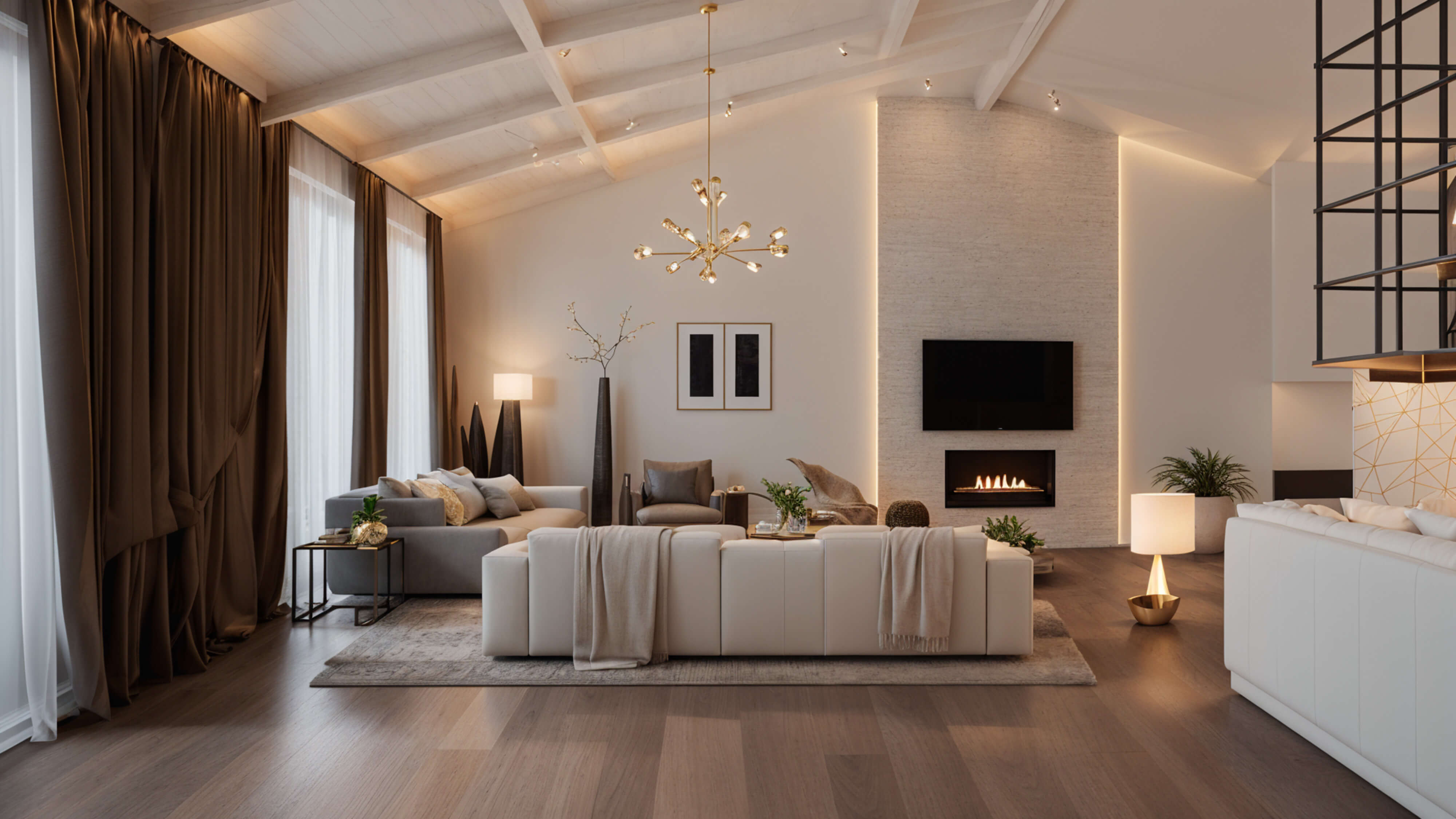 Open-concept living room with vaulted white ceilings, layered neutral seating, soft drapery, warm wood floors, and a modern chandelier creating a calm, upscale atmosphere.