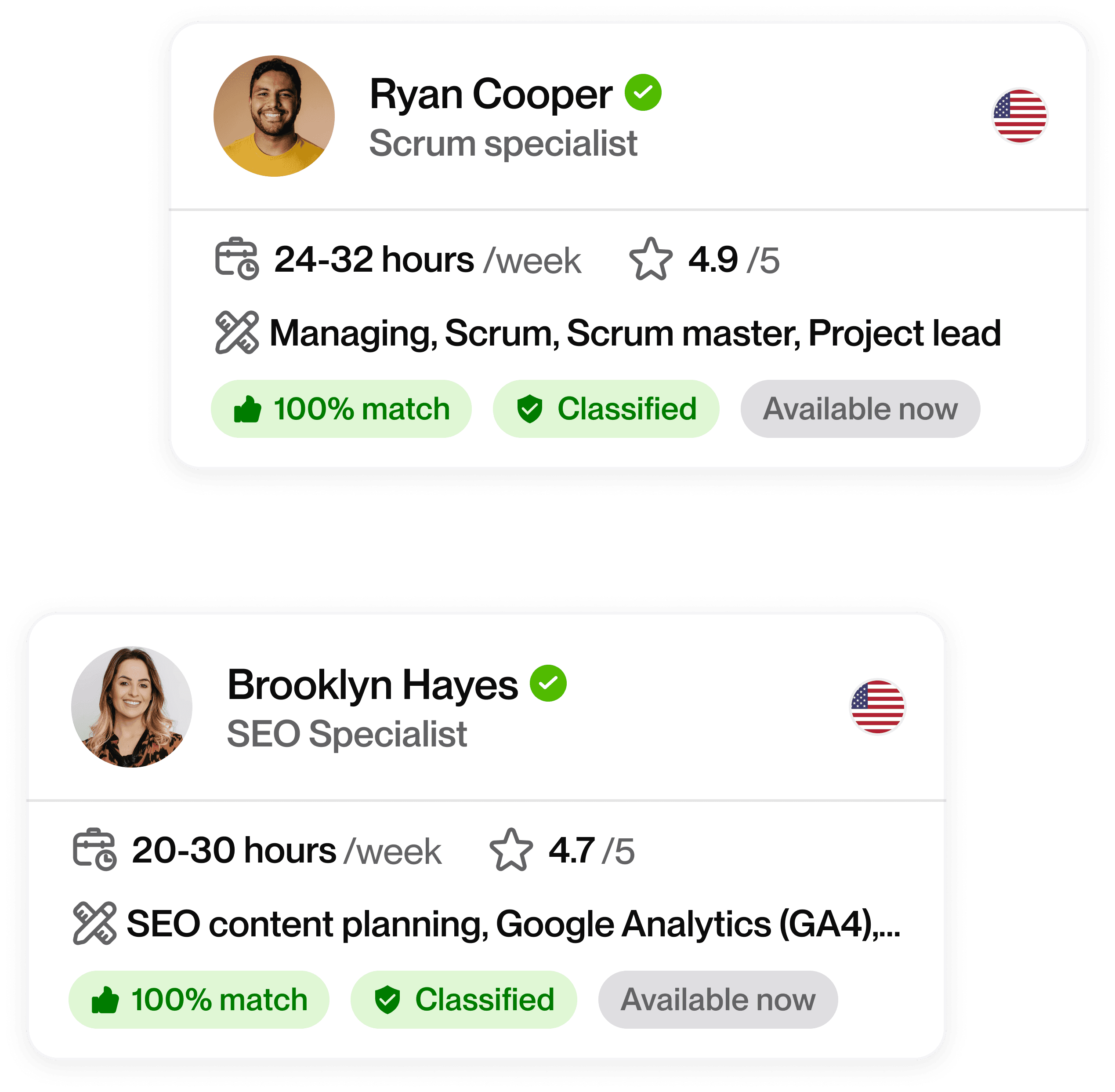 Talent profile cards showing Scrum specialist and SEO specialist with skills, weekly hours, ratings, and badges for 100% match, classified, and availability.
