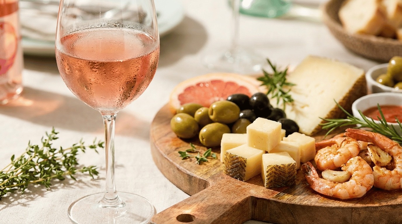 Rosé-Weinglas mit mediterraner Antipasti-Platte — Garnelen, Oliven, Käse als Food Pairing Arrangement