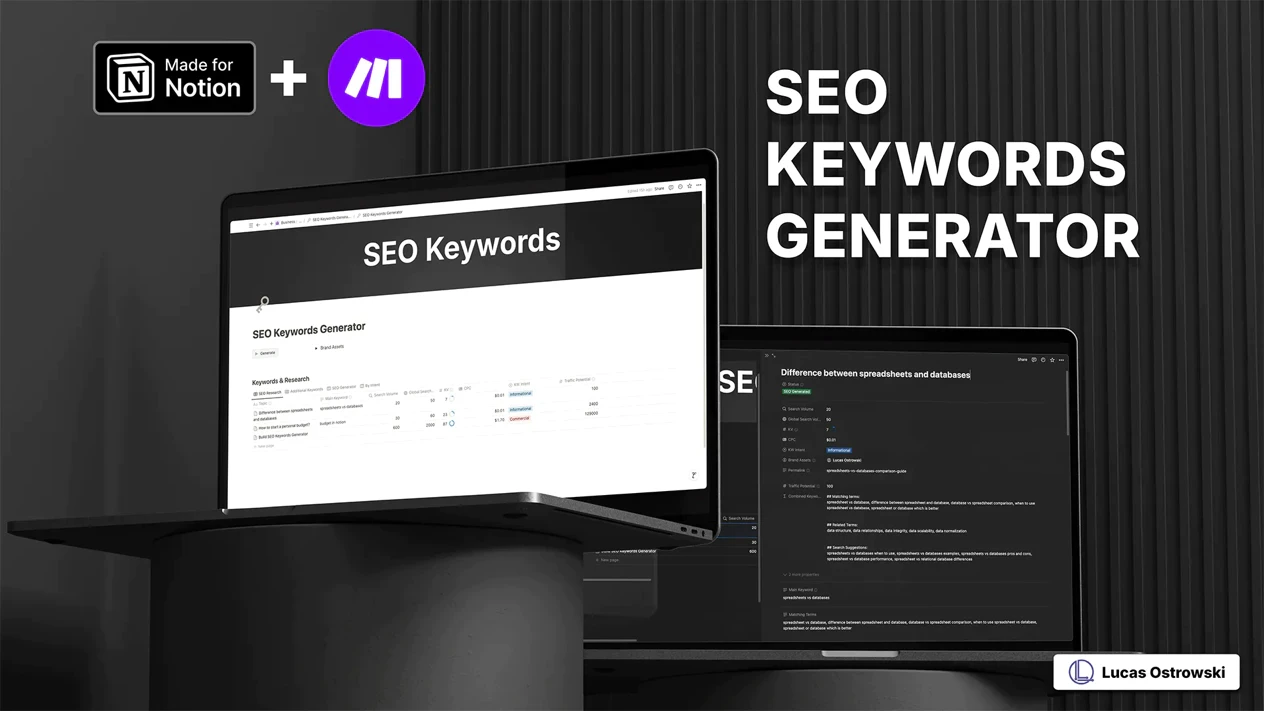 Notion SEO Keywords Generator and Make.com integration displayed on dual laptop setup. Main screen shows keyword research dashboard while secondary screen displays detailed topic analysis. Features Made for Notion badge and Make.com logo with Lucas Ostrowski branding. Professional dark mode theme optimized for SEO workflow management