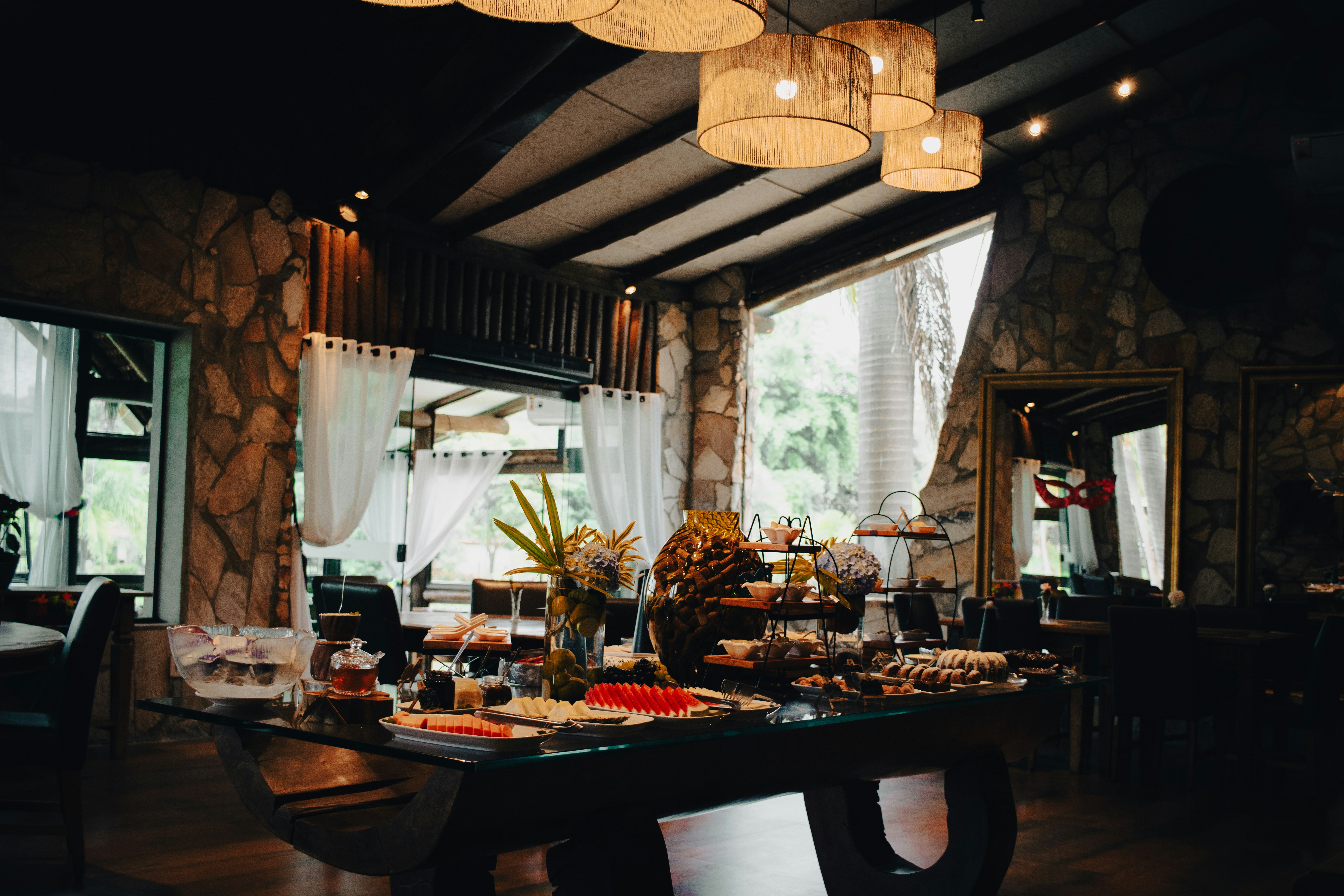 An elegant interior of a restaurant with food.