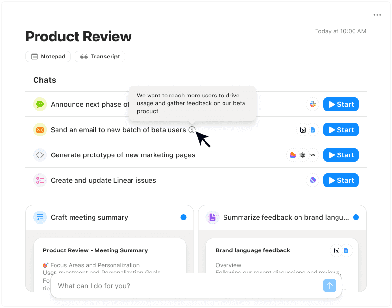 Screenshot of the Radiant AI personal assistant Mac app showing a Product Review meeting with automated action items. Tasks include sending emails to beta users, updating Linear issues, and crafting summaries. The interface illustrates how Radiant supports workflow automation and post-meeting productivity.