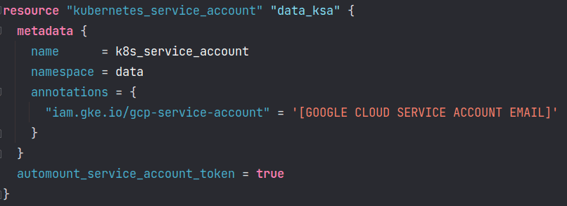 Screenshot of a Terraform configuration script creating a Kubernetes service account named 'data_ksa' in the 'data' namespace, with an annotation linking to a Google Cloud service account email, and the service account token set to auto-mount.