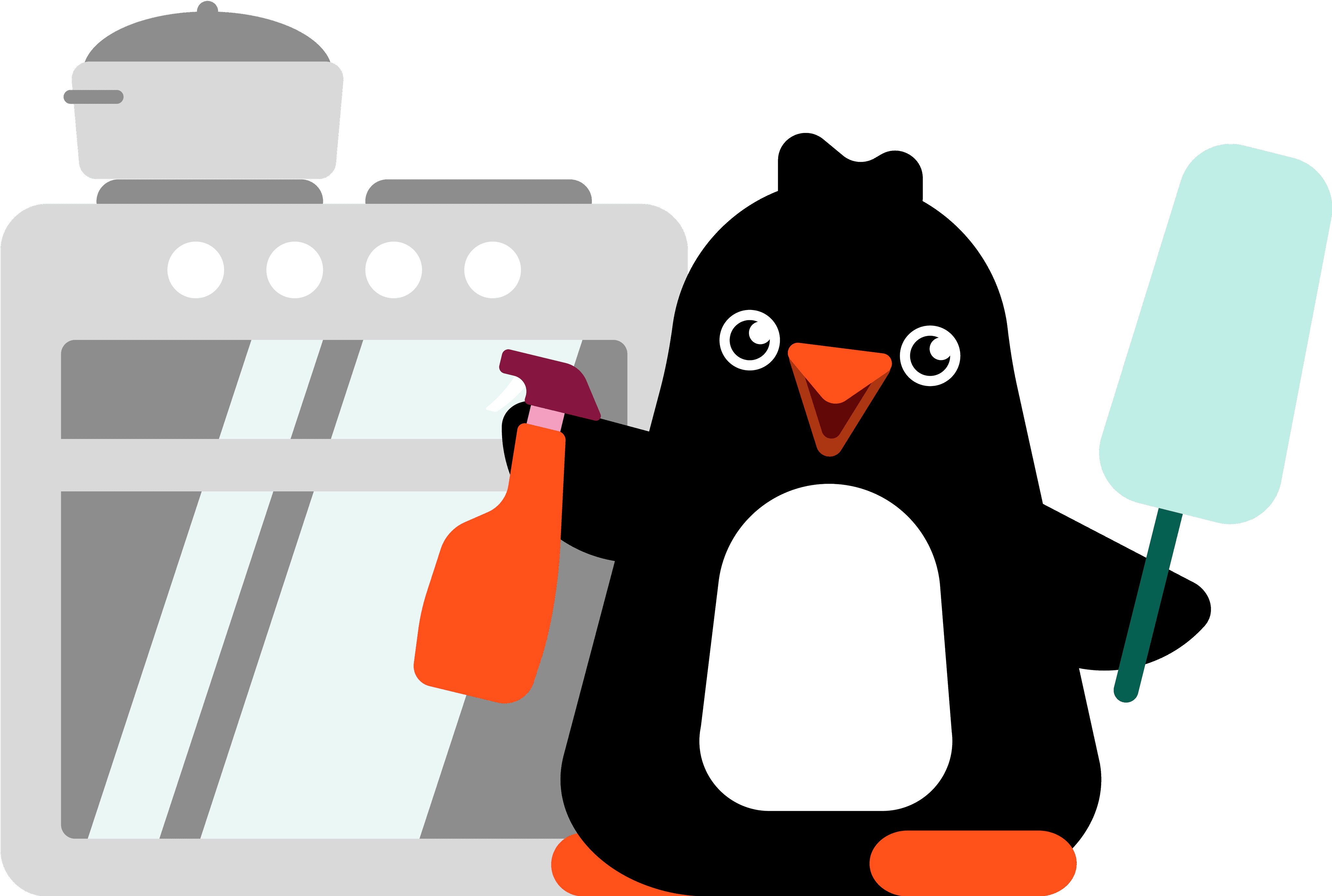 Pingui Clean mascot cleaning up the kitchen