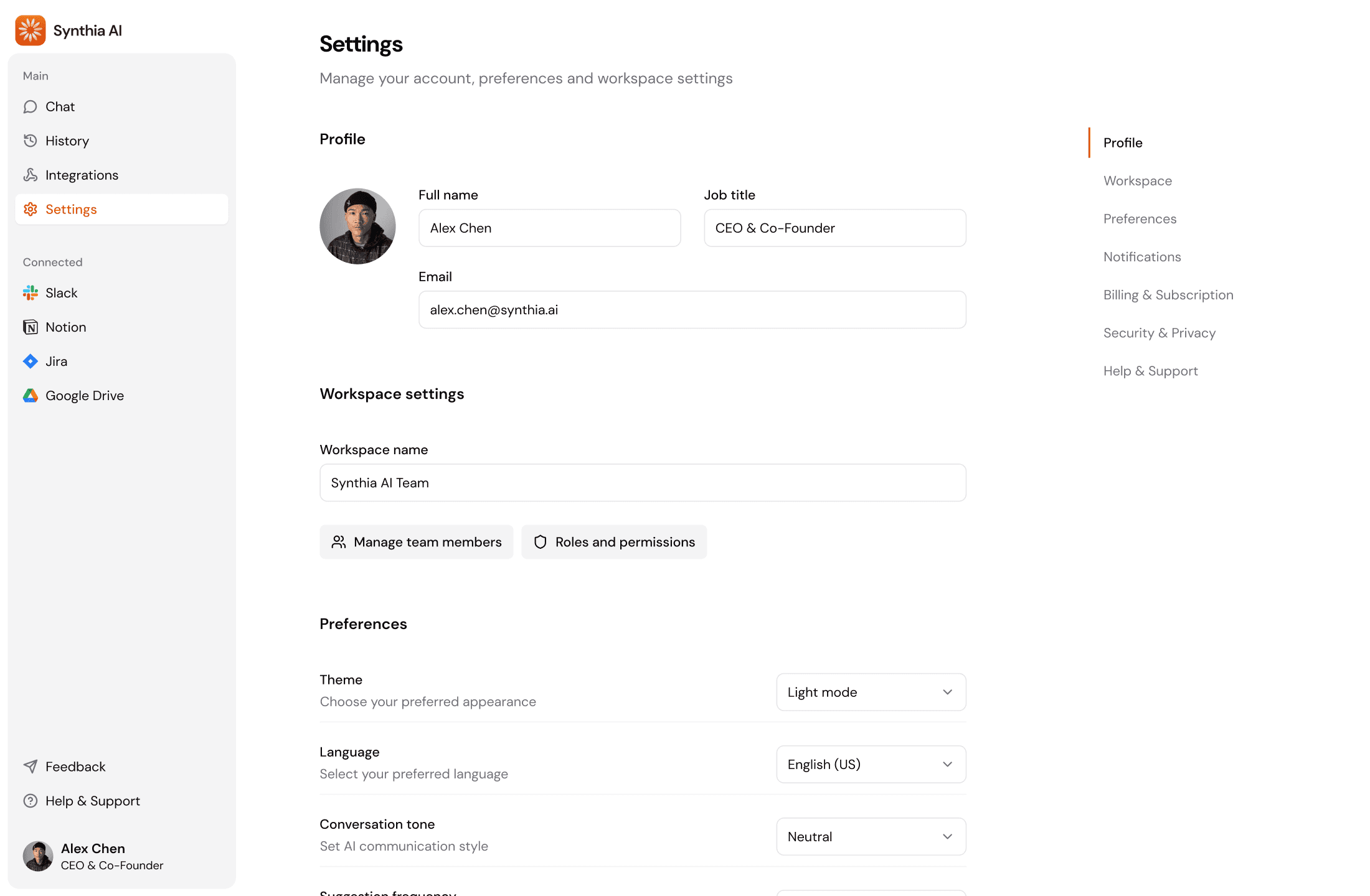User settings page showing profile info and workspace details