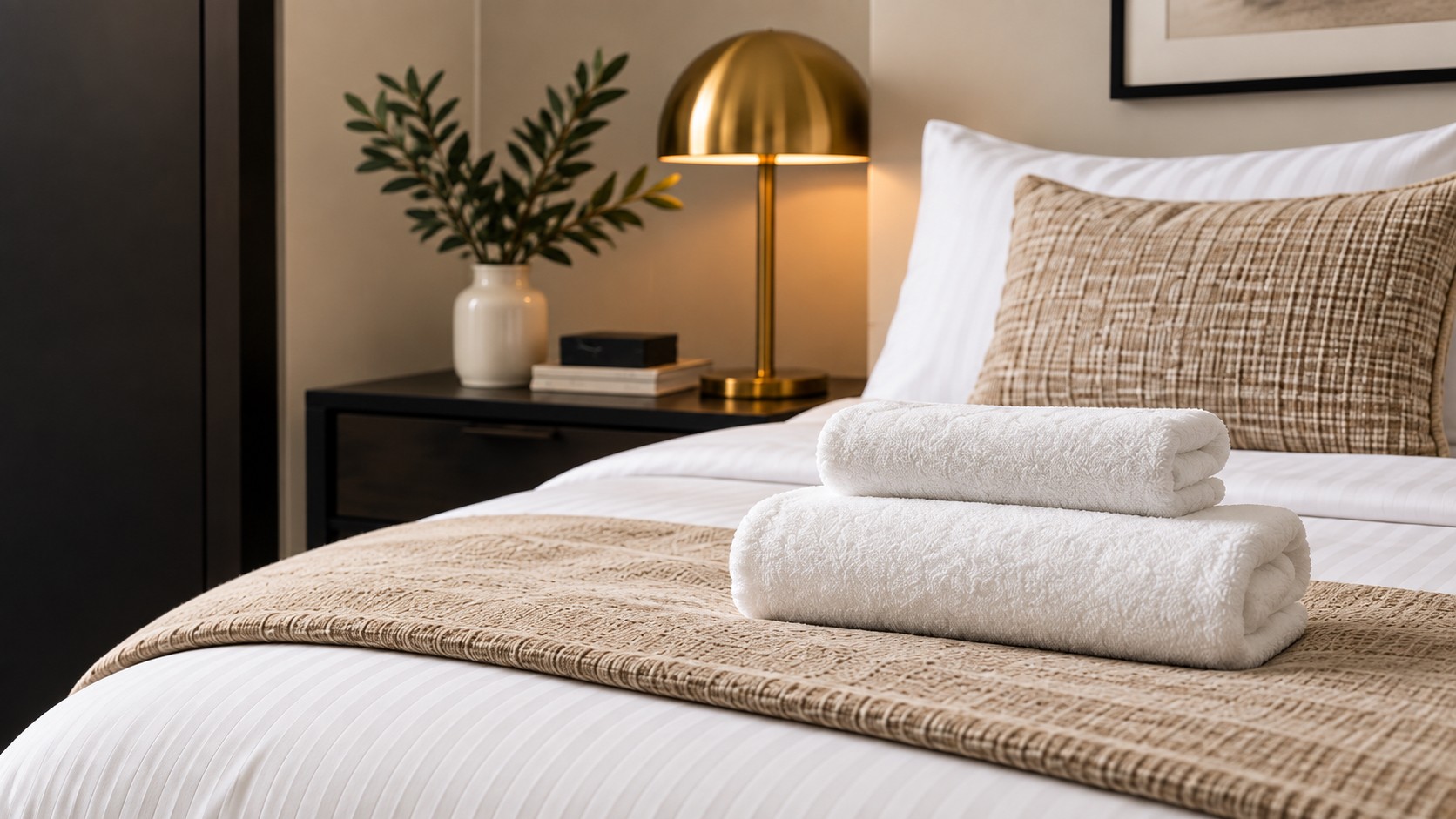 Prepared bedroom with crisp linen for guest stays